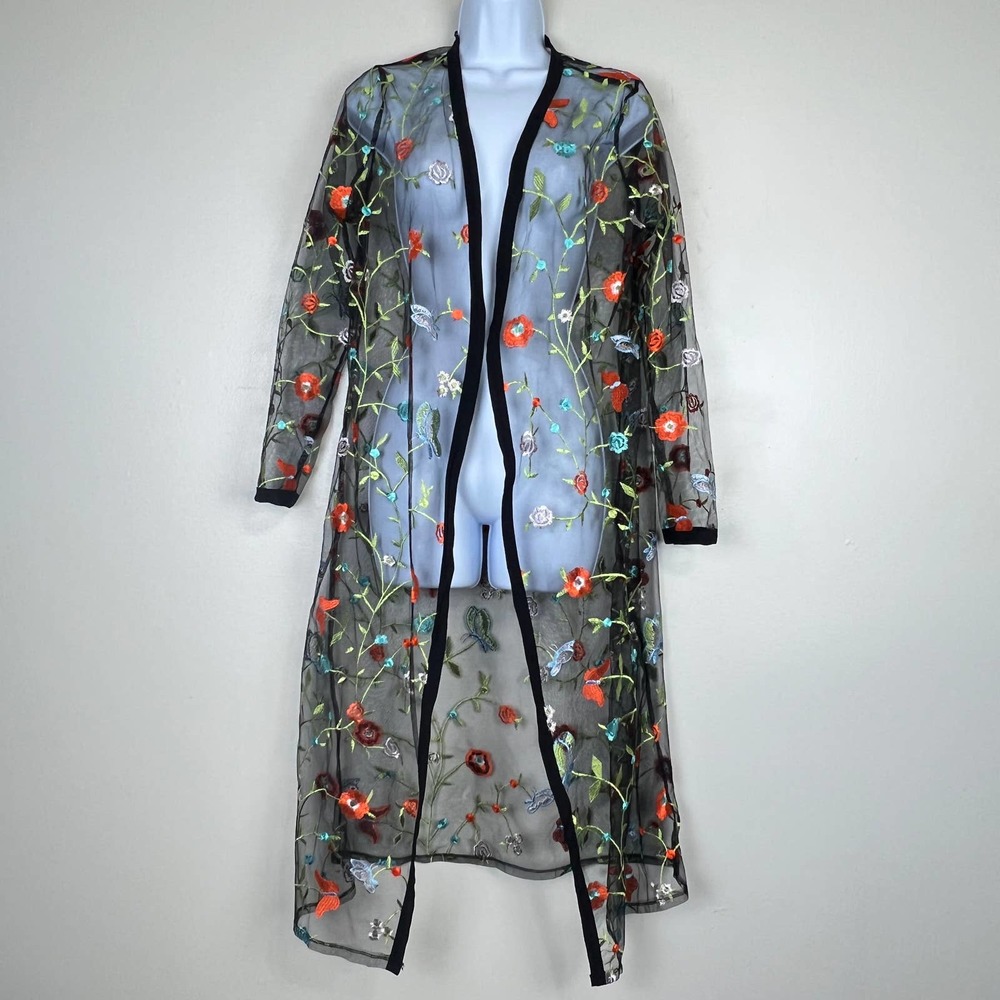 Impulsive Whimsigoth Black Mesh Floral Embroidery Sheer Duster Women's Size L